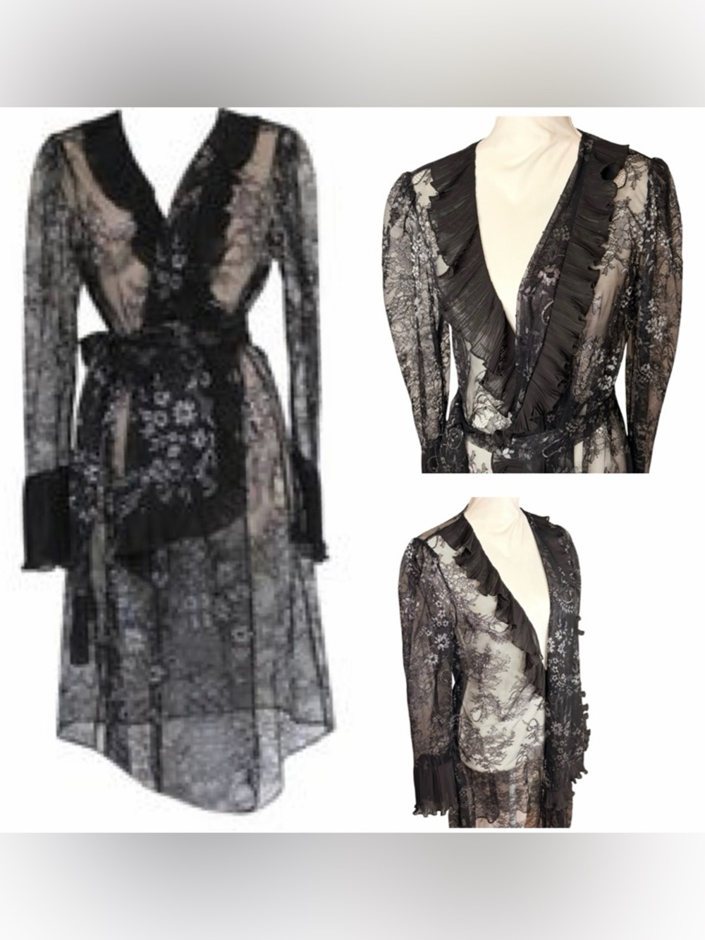 BCBGMAXAZRIA Floral Ruffle Black Lace Wrap Sheer Robe Kimono Sexy size S
